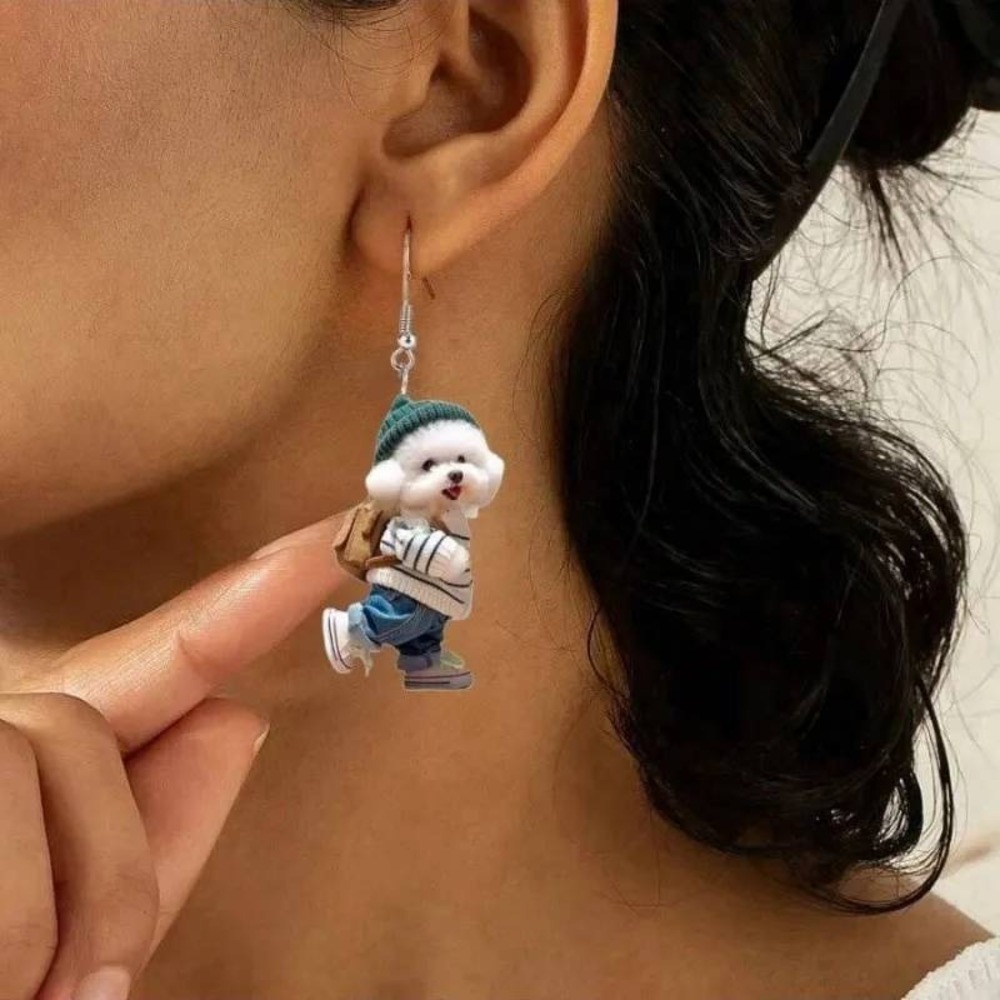 Bichon Frise Dog Earrings White Novelty Dangle Streetwear Poodle Animal Novelty